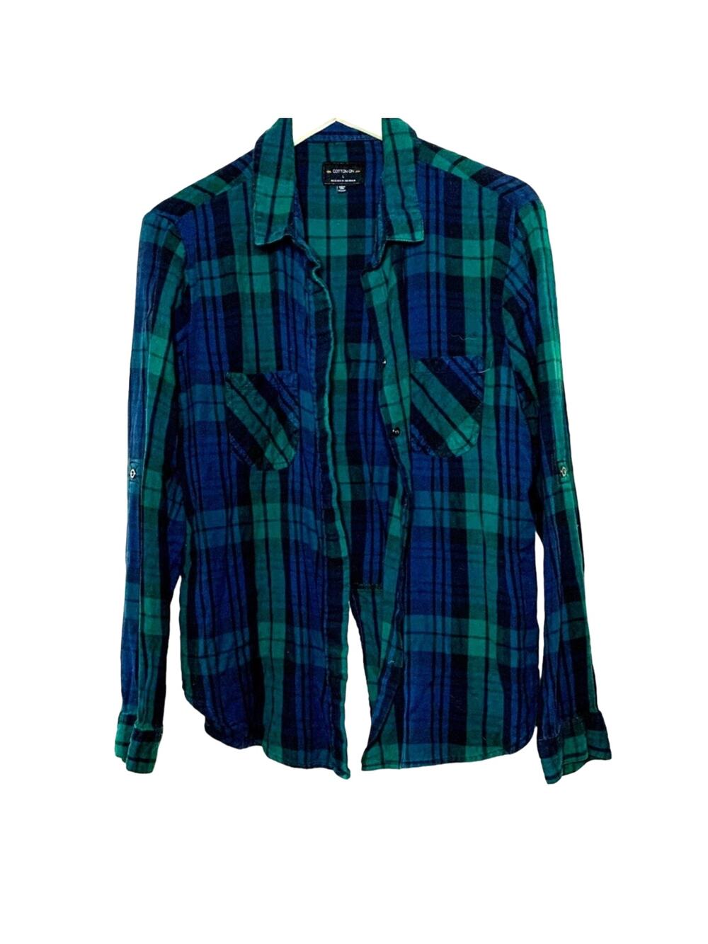 Cotton On Navy Blue Green Plaid Flannel Shirt L Roll Tab Sleeve Button Up Top
